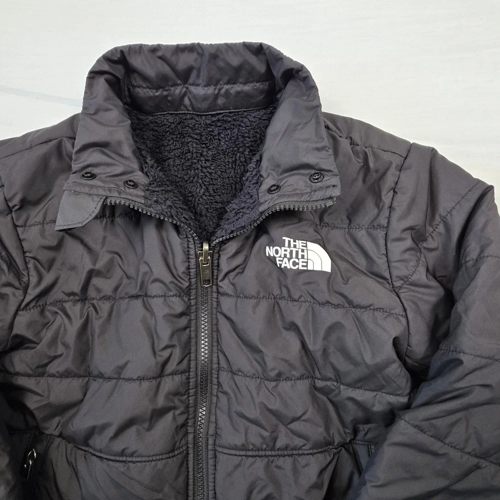 The North Face Reversible Fleece Puffer Jacket Kids Youth Sz L Black Logo Winter